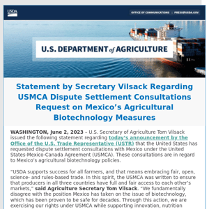 Statement by Secretary Vilsack Regarding USMCA Dispute Settlement Consultations Request on Mexico’s Agricultural Biotechnology Measures
