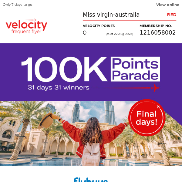 Virgin Australia, don't miss out on winning 100k Velocity Points