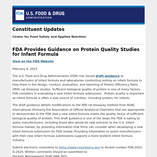 FDA Provides Guidance on Protein Quality Studies for Infant Formula