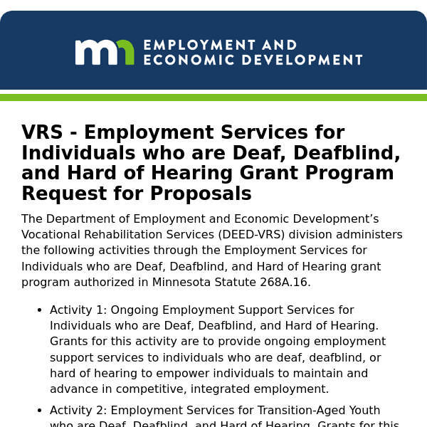 VRS - Employment Services for Individuals who are Deaf, Deafblind, and Hard of Hearing Grant Program Request for Proposals