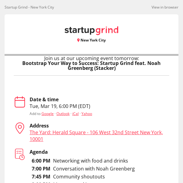 Event Tomorrow: Bootstrap Your Way to Success: Startup Grind feat. Noah Greenberg (Stacker)