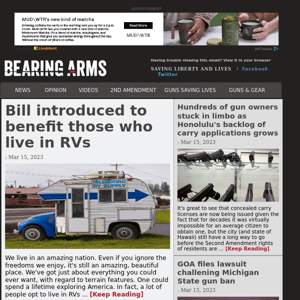 Bearing Arms - Mar 15 - Bill introduced to benefit those who live in RVs