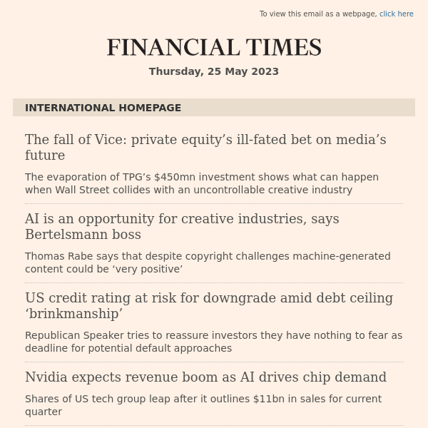 International morning headlines: The fall of Vice: private equity’s ill-fated bet on media’s future...