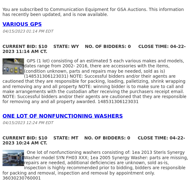 GSA Auctions Communication Equipment Update