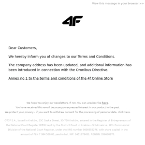 Amendment to the 4F Online Store Terms and Conditions