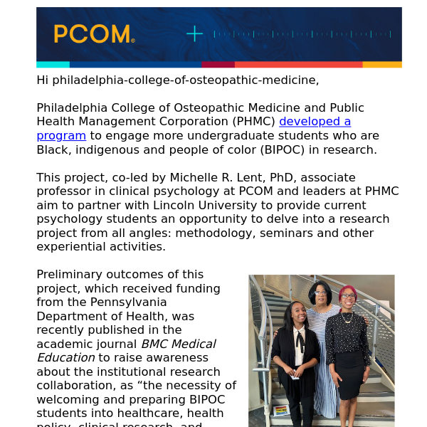 PCOM works to advance interest in research in BIPOC students
