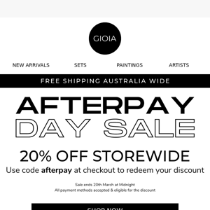 Afterpay Day Sale 🌟 20% off storewide