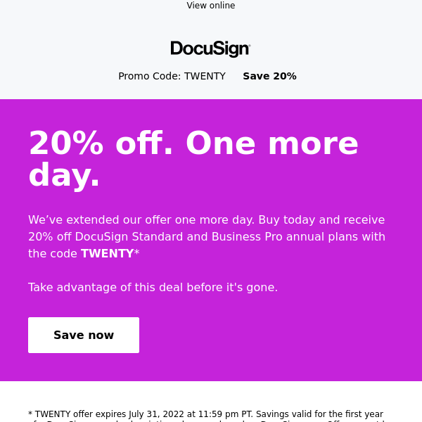 Offer extended: 20% off DocuSign