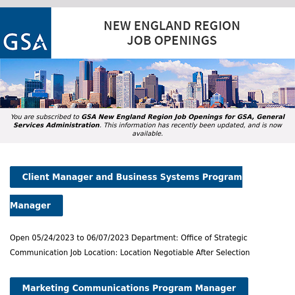 New/Current Job Opportunities in the GSA New England Region