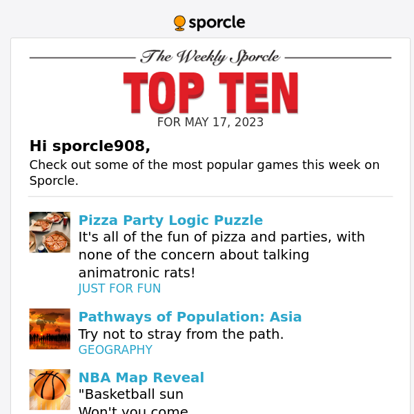 Pizza Party Logic Puzzle' leads our Top Ten - Sporcle