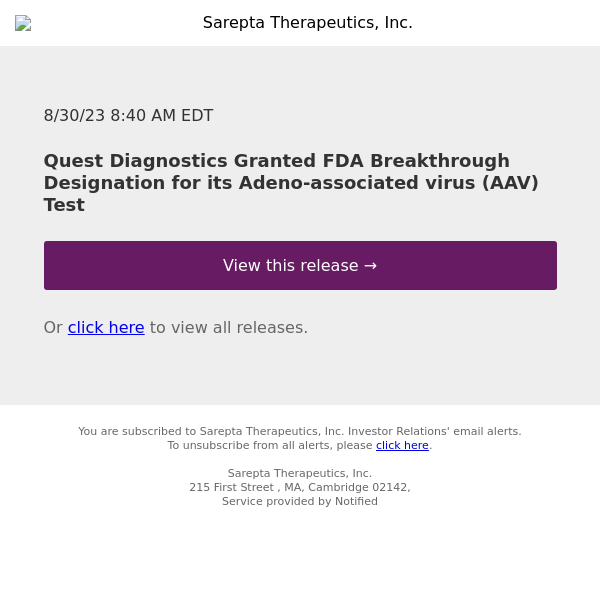 Quest Diagnostics Granted FDA Breakthrough Designation for its Adeno-associated virus (AAV) Test