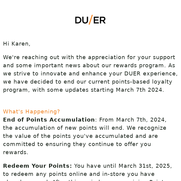 Important Update: Changes to DUER's  Loyalty Program