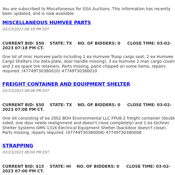 GSA Auctions Miscellaneous Update