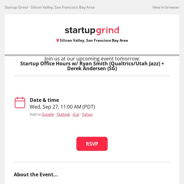 Event Tomorrow: Startup Office Hours w/ Ryan Smith (Qualtrics/Utah Jazz) + Derek Andersen (SG)