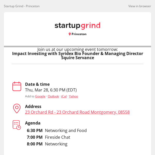 Event Tomorrow: Impact Investing with Syridex Bio Founder & Managing Director Squire Servance