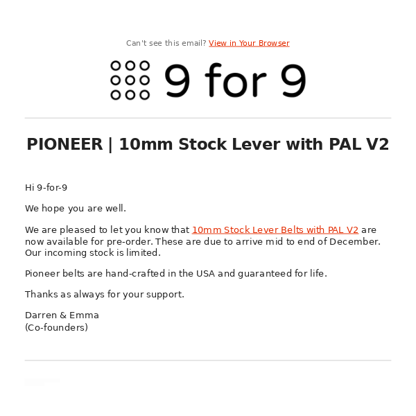 Pioneer | 10mm Stock Lever Belt with PAL V2
