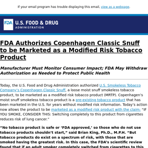 FDA Authorizes Copenhagen Classic Snuff to be Marketed as a Modified Risk Tobacco Product