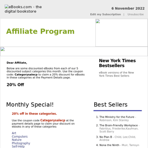 Affiliate Program : NOVEMBER Discount Categories, 20% Off, See Coupon Code...