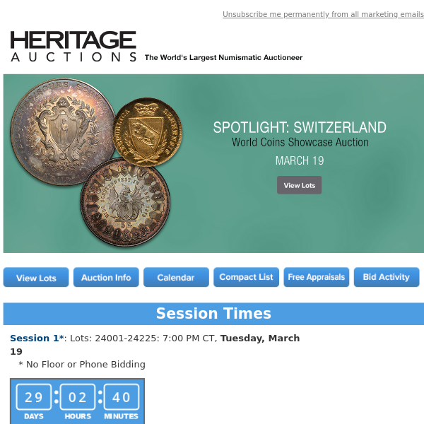 Bid Now: March 19 Spotlight: Switzerland World Coins Showcase Auction