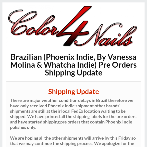 Brazilian (Phoenix Indie, By Vanessa Molina & Whatcha Indie) Pre Orders Shipping Update