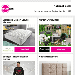 Orthopedic Memory Sprung Mattress | Garden Mystery Deal | Stranger Things Christmas Jumper | Chenille Headboard | Electric Kitchen Stand Mixer - 6 Speeds!