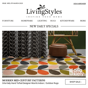 Orla Kiely Hand Tufted Designer Wool & Indoor / Outdoor Rugs, Faux Leather Ottomans, Steel Bar Cart Trollies & Counter Stools, Tropical Style...