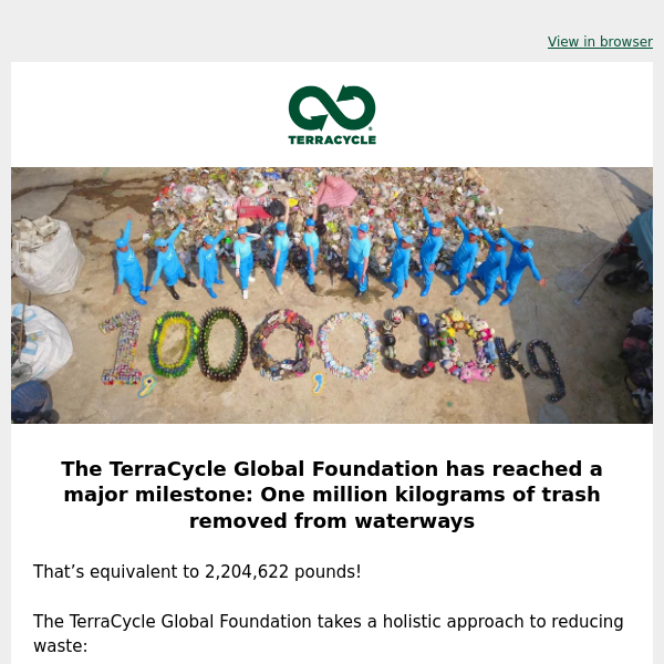 Major milestone: 1 million kgs of trash removed from waterways by the TerraCycle Global Foundation