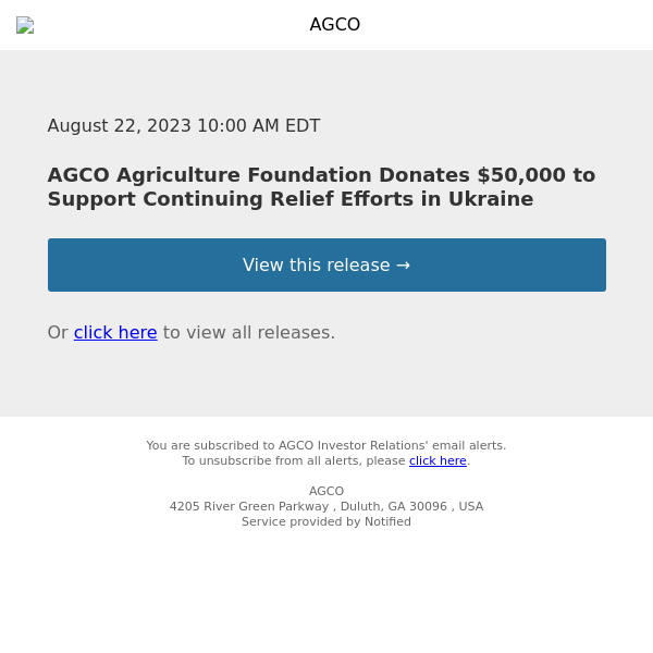 AGCO Agriculture Foundation Donates $50,000 to Support Continuing Relief Efforts in Ukraine