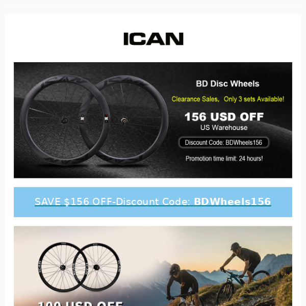 ICAN Cycling-Flash Sale: Up to $156 Off on BD Disc and MTB Wheels in US Warehouse!