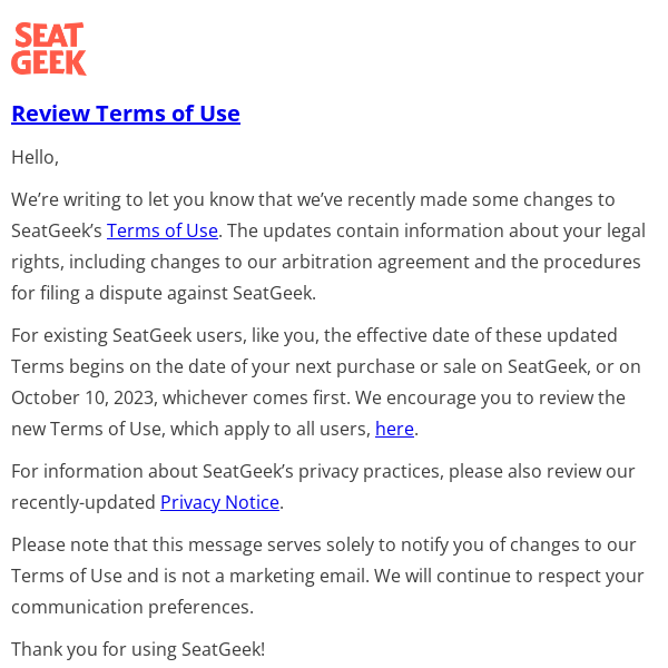 Changes to SeatGeek’s Terms of Use