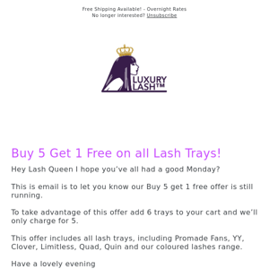 BUY 5 GET 1 FREE on all Lash Trays - Add 6 to your cart to get 6th one free!