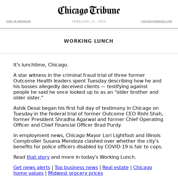 Working Lunch: Outcome Health trial continues | Lightfoot defends police pension board | Stellantis earnings rise