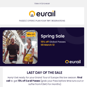 Final call! 15% off Eurail Passes 🚂