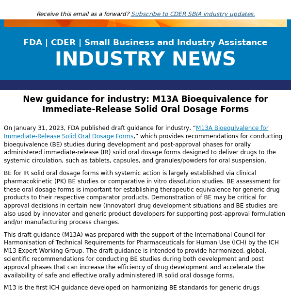 New guidance for industry: M13A Bioequivalence for Immediate-Release Solid Oral Dosage Forms