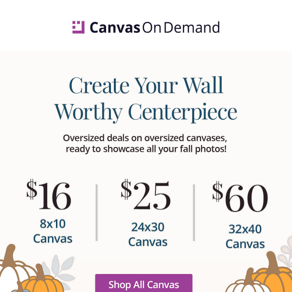 STARTS NOW! Fall for your walls with 3 canvas steals! 🧡