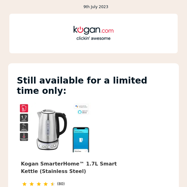 Kogan SmarterHome™ 1.7L Smart Kettle (Stainless Steel)