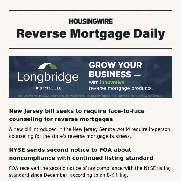 New Jersey bill seeks to require in-person reverse mortgage counseling; FOA receives second NYSE continued listing standard notice: RMD Headlines (2/20/2024)