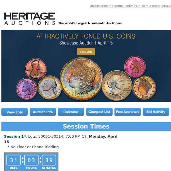 Bid Now: April 15 Attractively Toned  US Coins Showcase Auction