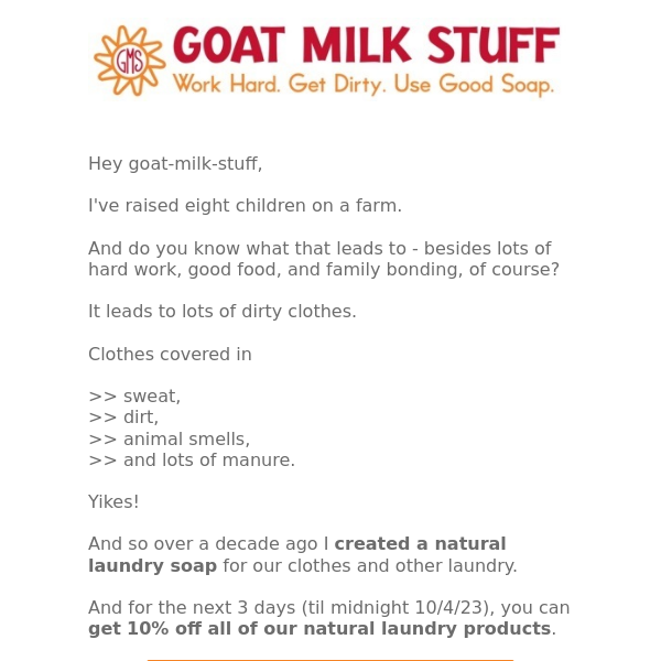 10% off natural laundry soap from Goat Milk Stuff.