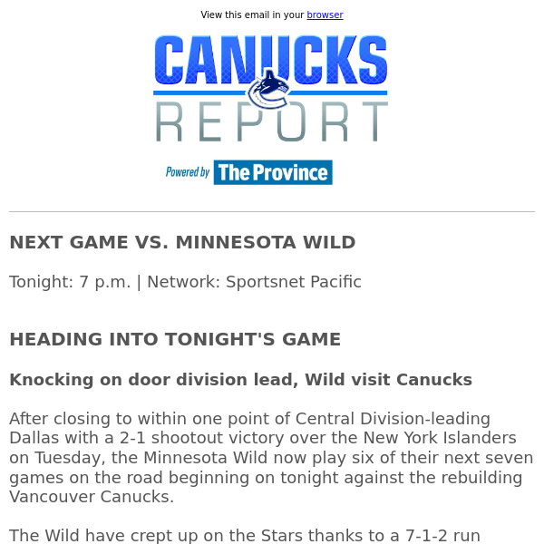 Knocking on door division lead, Wild visit Canucks