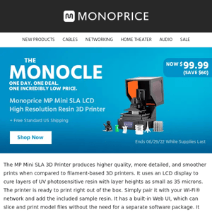 TODAY ONLY | Monoprice MP Mini SLA 3D Printer at $99.99 ($60 OFF) + Free Shipping
