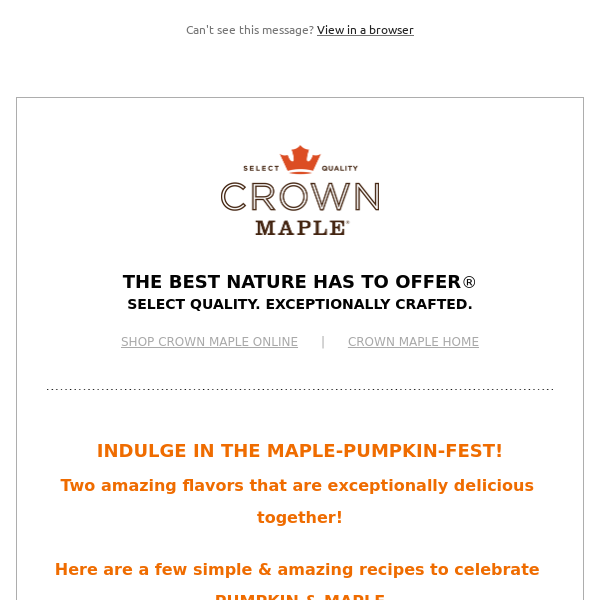 Crown Maple PUMPKIN-FEST! Seasonal Recipes & SAVE 20% & FREE Shipping over $75