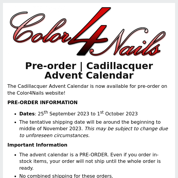 Pre-order Cadillacquer Advent Calendar + By Vanessa Molina Kingdom of Caring restocked & new collection from OPI - Terribly Nice Holiday