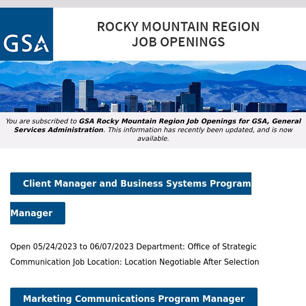 New/Current Job Opportunities in the GSA Rocky Mountain Region