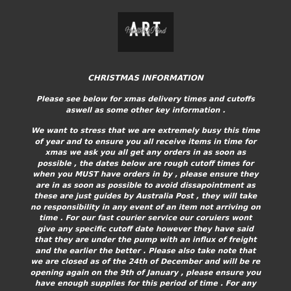 IMPORTANT !!!!   XMAS DELIVERY AND CLOSURE DATES