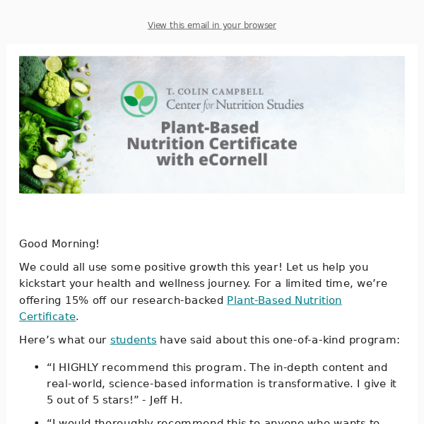 off Plant-Based Nutrition Certificate - T. Colin Campbell Center for Nutrition Studies