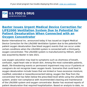 Baxter Issues Urgent Medical Device Correction for LIFE2000 Ventilation System Due to Potential for Patient Desaturation When Connected with an Oxygen Concentrator