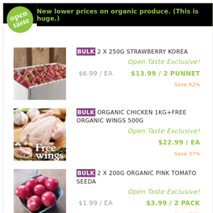 2 X 250G STRAWBERRY KOREA ($13.99 / 2 PUNNET), ORGANIC CHICKEN 1KG+FREE ORGANIC WINGS 500G and many more!