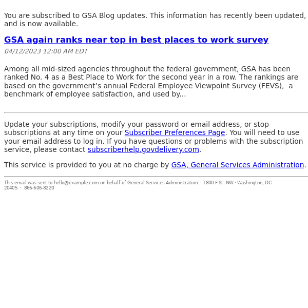 GSA again ranks near top in best places to work survey