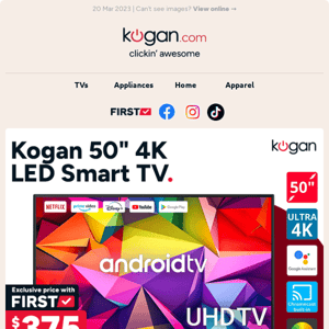 📺 Kogan 50" 4K Smart TV $375 (was $649.99) - Hurry, stock won't last!